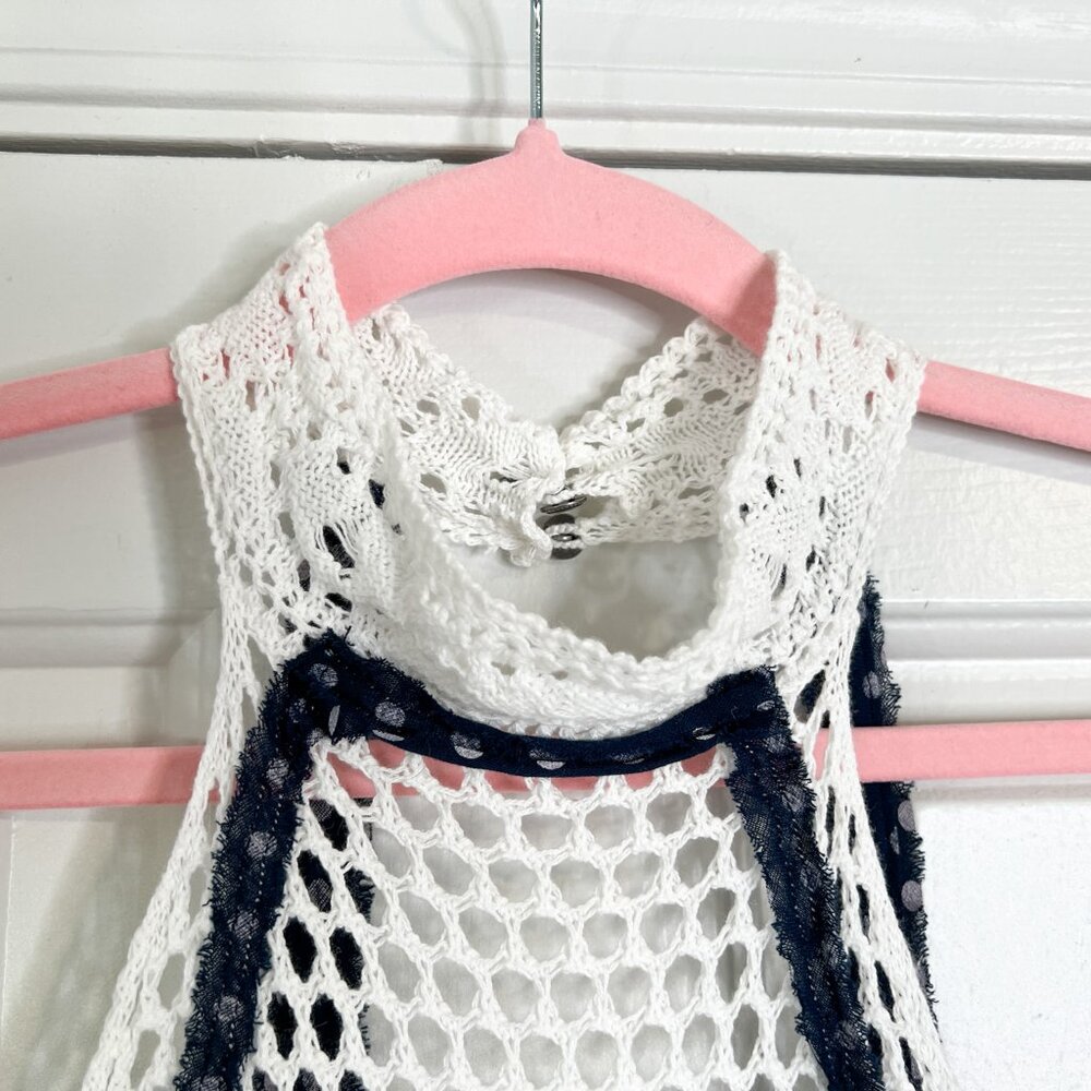 Free People Mandolin White and Navy Blue Crochet High Neck Halter Top - Picture 5 of 7